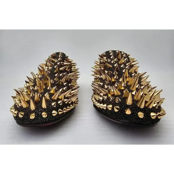 Merlutti Black Sparkly Loafer Gold Rhinestones Rivets Flat  display picture 1